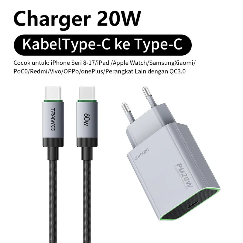 Tranyoo 20w T-EU7C Супер бързо зарядно USB C + Type C Кабел - Гаранция!